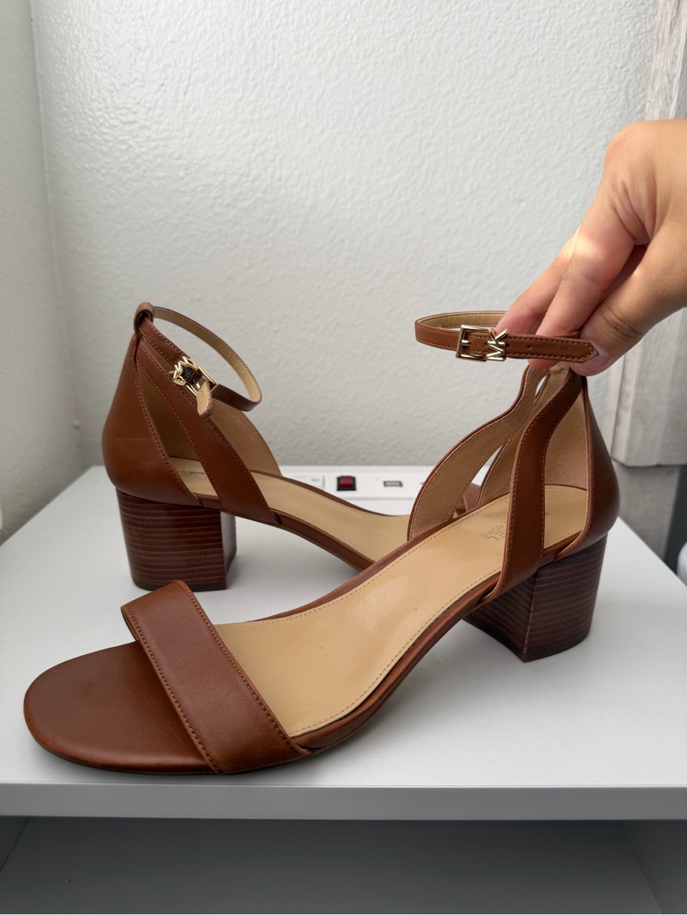 MICHAEL Michael Kors Brown Leather Ankle-Strap Block Heels